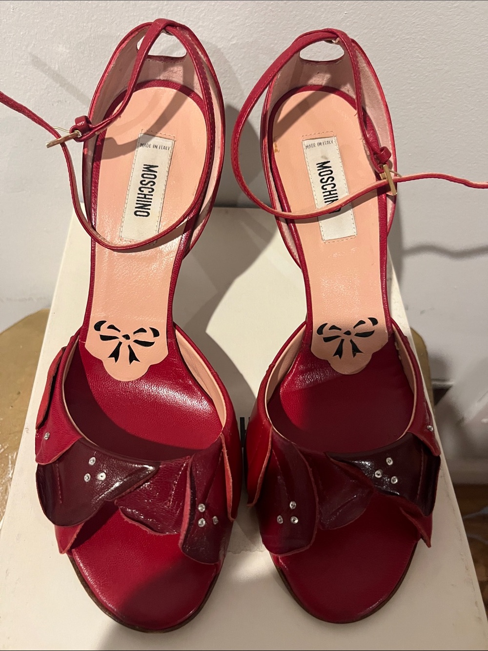 Moschino Red Leather Petal-Trim Ankle-Strap Heels